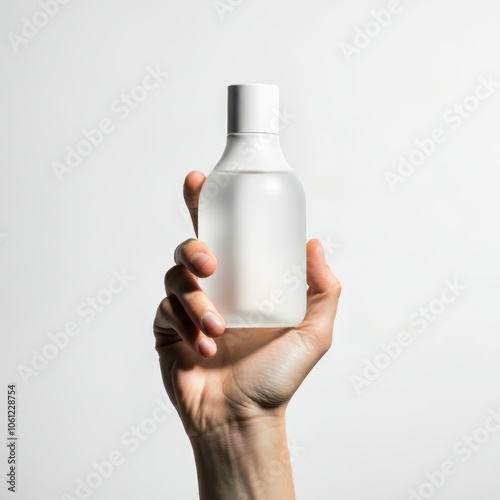 Hand of person holding glass bottle with white background