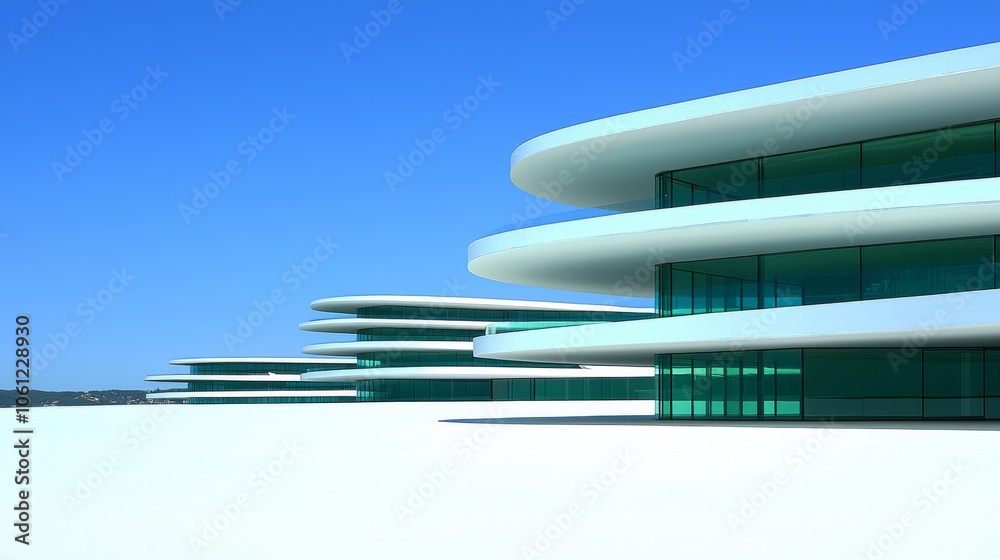 Innovative glass building with clean lines against blue sky showcases modern urban design and development. Innovative glass building with clean lines against blue sky showcases modern urban design and development.