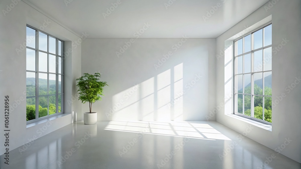 Fototapeta premium Serene Empty White Room with Window Shadows, Minimalist Design, Natural Light, Tranquil Atmosphere, Modern Interior, Peaceful Ambiance, Architectural Photography, Simple Aesthetic