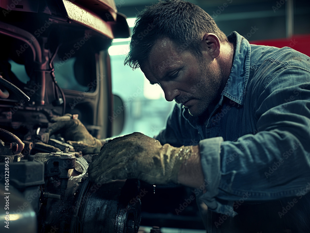 mechanic working intently on truck engine, wearing gloves and focused. environment is dimly lit, highlighting intricate details of machinery mechanic working intently on truck engine, wearing gloves and focused. environment is dimly lit, highlighting intricate details of machinery