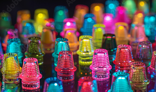 Glowing neon colored plastic caps in rows next to each other.