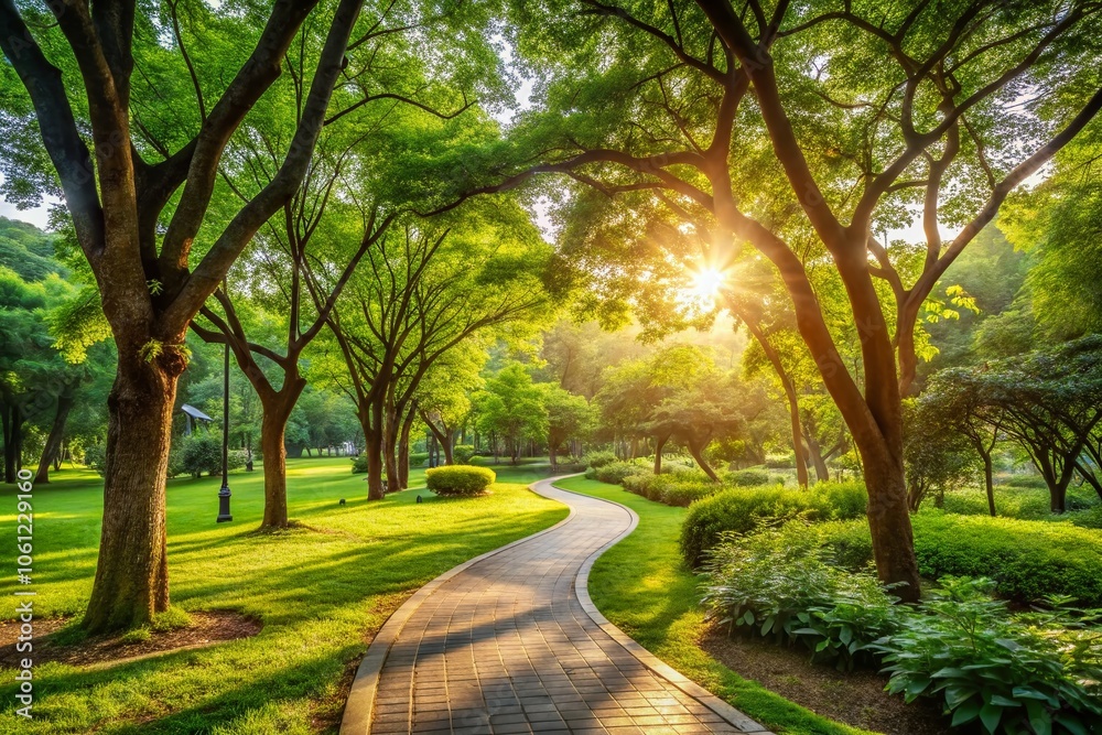 Serene Minimalist Park Scene with Winding Pathways and Lush Greenery Serene Minimalist Park Scene with Winding Pathways and Lush Greenery