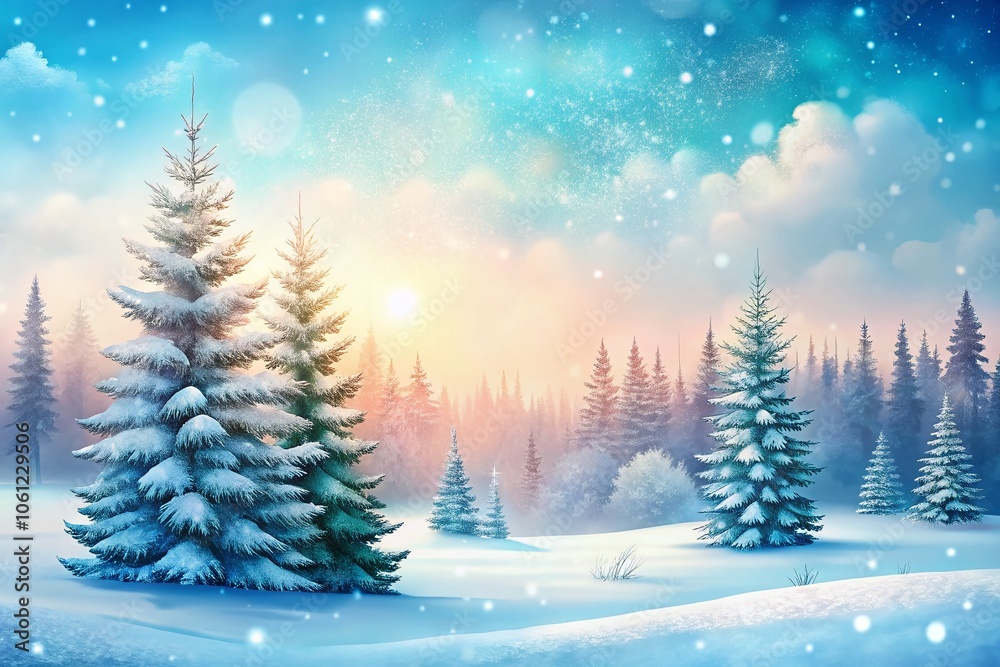 Serene Winter Landscape with Snow-Covered Pine Trees in Watercolor Style - Tranquil Nature Scene for Seasonal Decor and Art Prints Serene Winter Landscape with Snow-Covered Pine Trees in Watercolor Style - Tranquil Nature Scene for Seasonal Decor and Art Prints