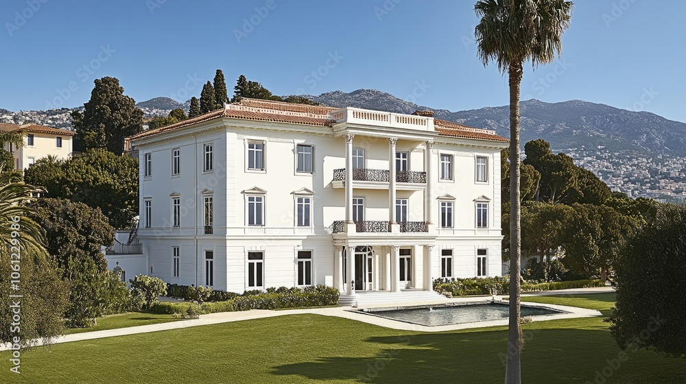 Fototapeta premium Elegant White Villa with Scenic Mountain Background