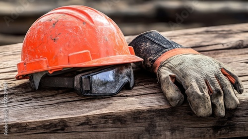 Safety Gear on Wooden Surface for Construction Site photo