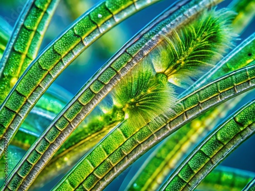 Spirogyra Under Light Microscope: Detailed Micrographs of Stained Filamentous Green Algae, Water Silk, and Mermaid's Tresses for Scientific Study and Educational Purposes photo