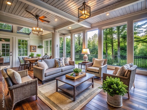 Stunning Long Exposure of a Cozy Room with Porch - Real Estate Showcase, Modern Design, Sunlit Interiors, Relaxing Outdoor Space, Home Tours, Property Listings, Dream Homes, Open Concept Living