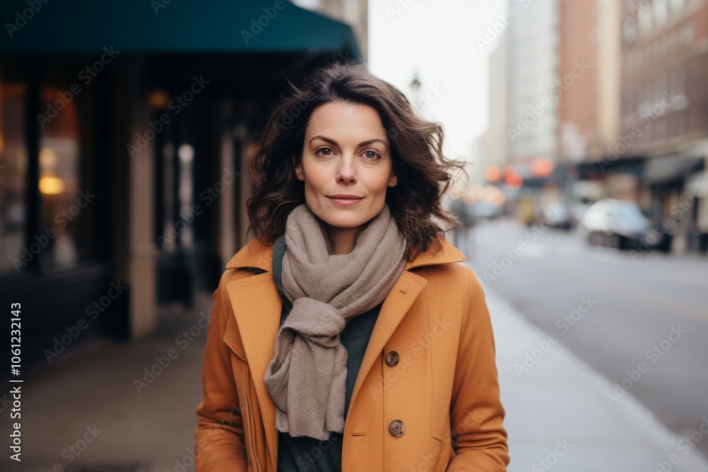 Portrait of a beautiful young brunette woman in a yellow coat on a city street Portrait of a beautiful young brunette woman in a yellow coat on a city street