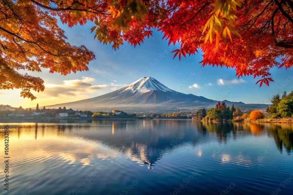 Fototapeta premium Stunning Morning View of Mount Fuji Reflected in Kawaguchiko Lake with Vibrant Colors and Clear Sky, High Depth of Field, Perfect Landscape Photography Inspiration