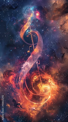A vibrant cosmic scene blending melody and stars, featuring a musical note adorned with brilliant nebulae and galaxies.