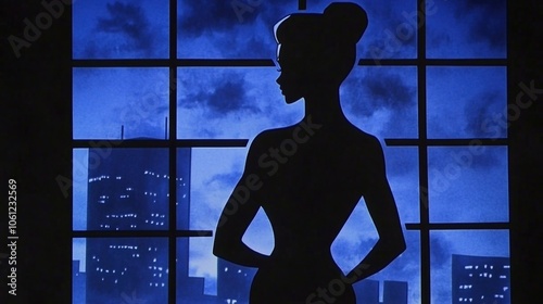 Silhouette of a Woman Against a City Skyline at Night