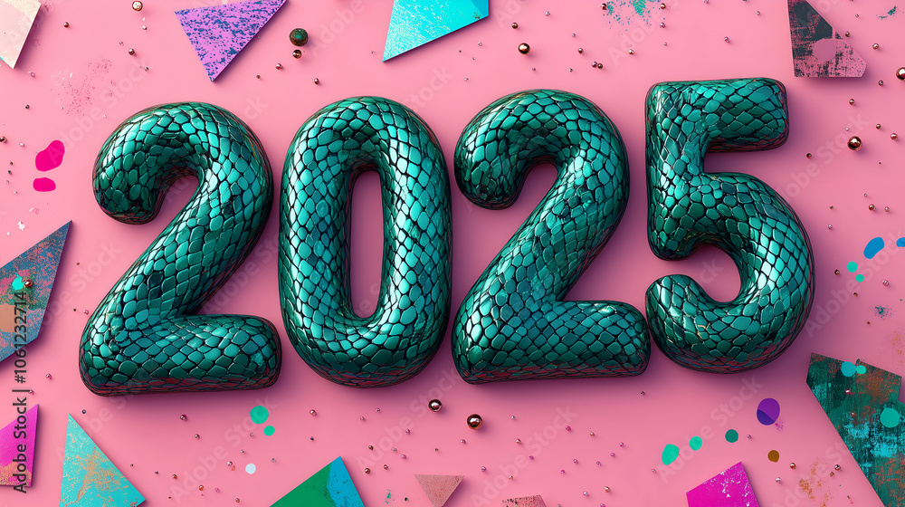 Green snake skin for the 2025 New Year. Pink background filled with geometric shapes