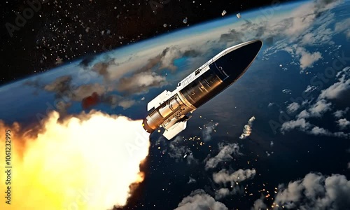 Wallpaper Mural A rocket launches into space, leaving a trail of fire and smoke against a backdrop of Earth. Torontodigital.ca