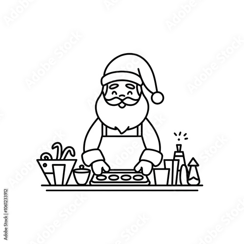 Wallpaper Mural Smiling Santa Claus baker making Christmas cookies on a tray, depicted in a monochrome line art vector illustration. Torontodigital.ca