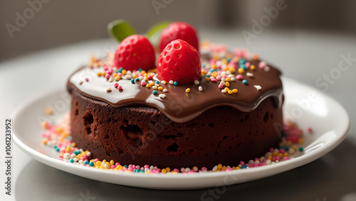 A Beautifully Presented Plate of Rich Chocolate Cake Adorned with Colorful Sprinkles and Decorations