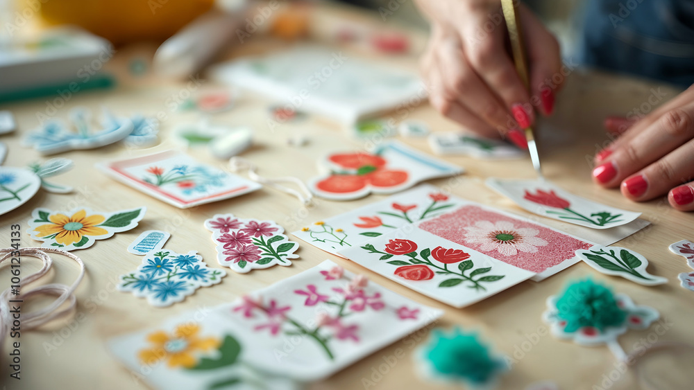A Colorful Collection of Craft Stickers and Materials Artfully Arranged on a Table with String A Colorful Collection of Craft Stickers and Materials Artfully Arranged on a Table with String