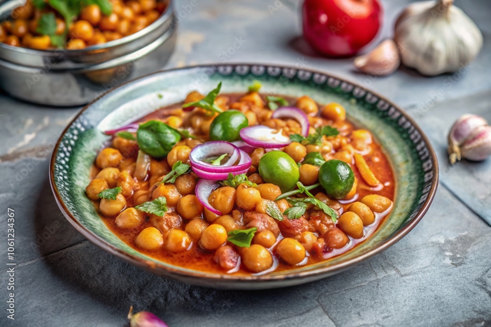 Surreal Still Life of Spicy Chickpeas in Tomato Sauce with Green Chile and Fresh Cilantro Surreal Still Life of Spicy Chickpeas in Tomato Sauce with Green Chile and Fresh Cilantro