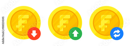 Set of Swiss franc gold coins, arrows for increase, decrease, transaction. Finance, currency, fluctuation, CHF exchange concept. Flat vector illustration isolated on a white background	
