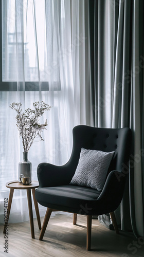 minimalist modern living room chair and side table by window with grey curtains