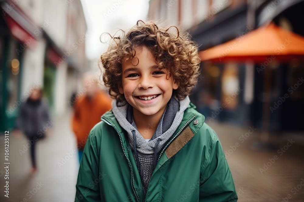 Portrait of a cute little boy with curly hair in the street Portrait of a cute little boy with curly hair in the street