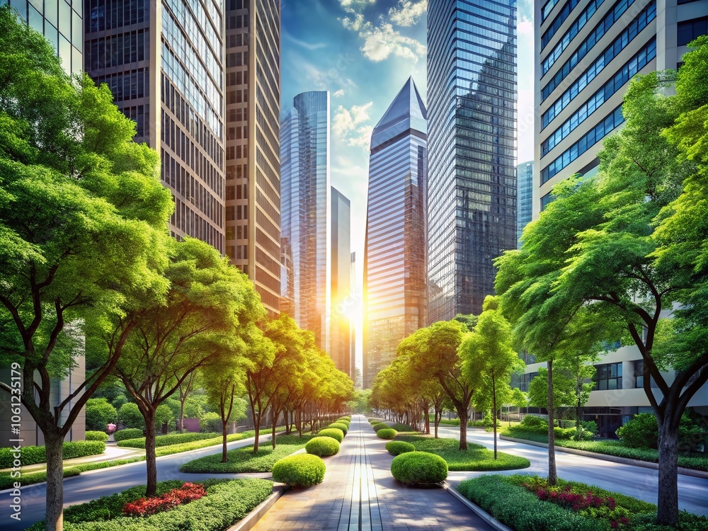 Fototapeta premium Tree-Lined Street with Modern Skyscrapers: Urban Landscape, City Life, Architectural Marvels, Nature and Architecture Blend, Vibrant Cityscapes, Candid 