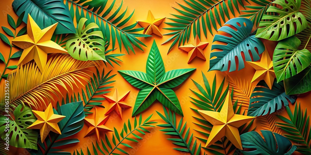 Tropical Paper Art with Star Shapes and Green Leaves on Orange Background - Low Light Photography for Vibrant Decor, Craft Ideas, and Unique Wall Art Tropical Paper Art with Star Shapes and Green Leaves on Orange Background - Low Light Photography for Vibrant Decor, Craft Ideas, and Unique Wall Art