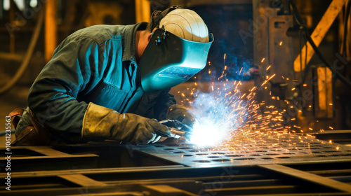 Skilled metal worker performing arc welding with safety mask, sparks flying. focus on precision and safety highlights importance of protective gear in industrial settings