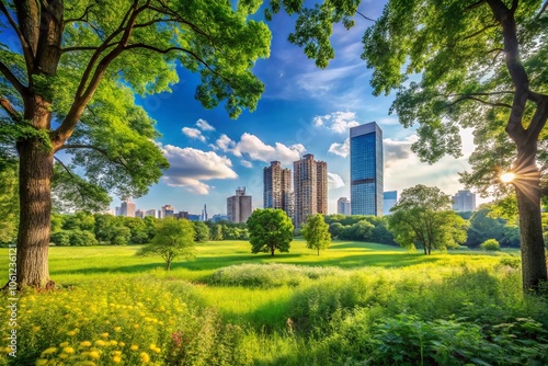 Urban Exploration Photography: Serene Field, Lush Meadow, Majestic Trees Under a Bright Blue Sky - Nature's Tranquility Captured in Urban Landscapes