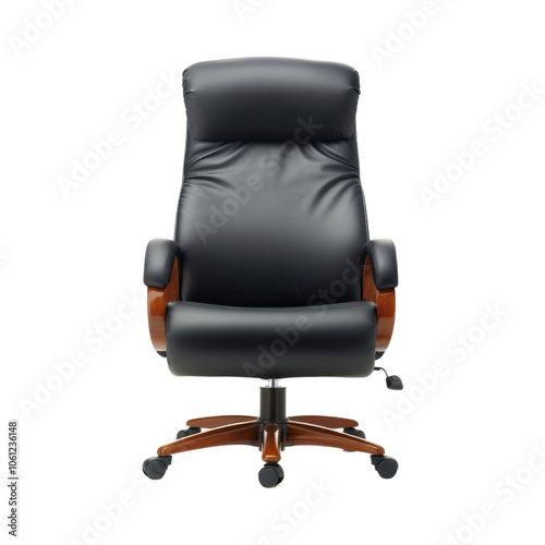Black leather office chair, white isolated background