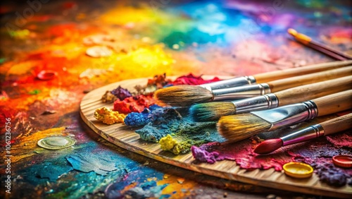 Vibrant Colors and Brushes in a Palette for Artistic Inspiration, Perfect for Creative Projects, Painting, and Design, showcasing a rich array of hues and tools for artistry and creativity.