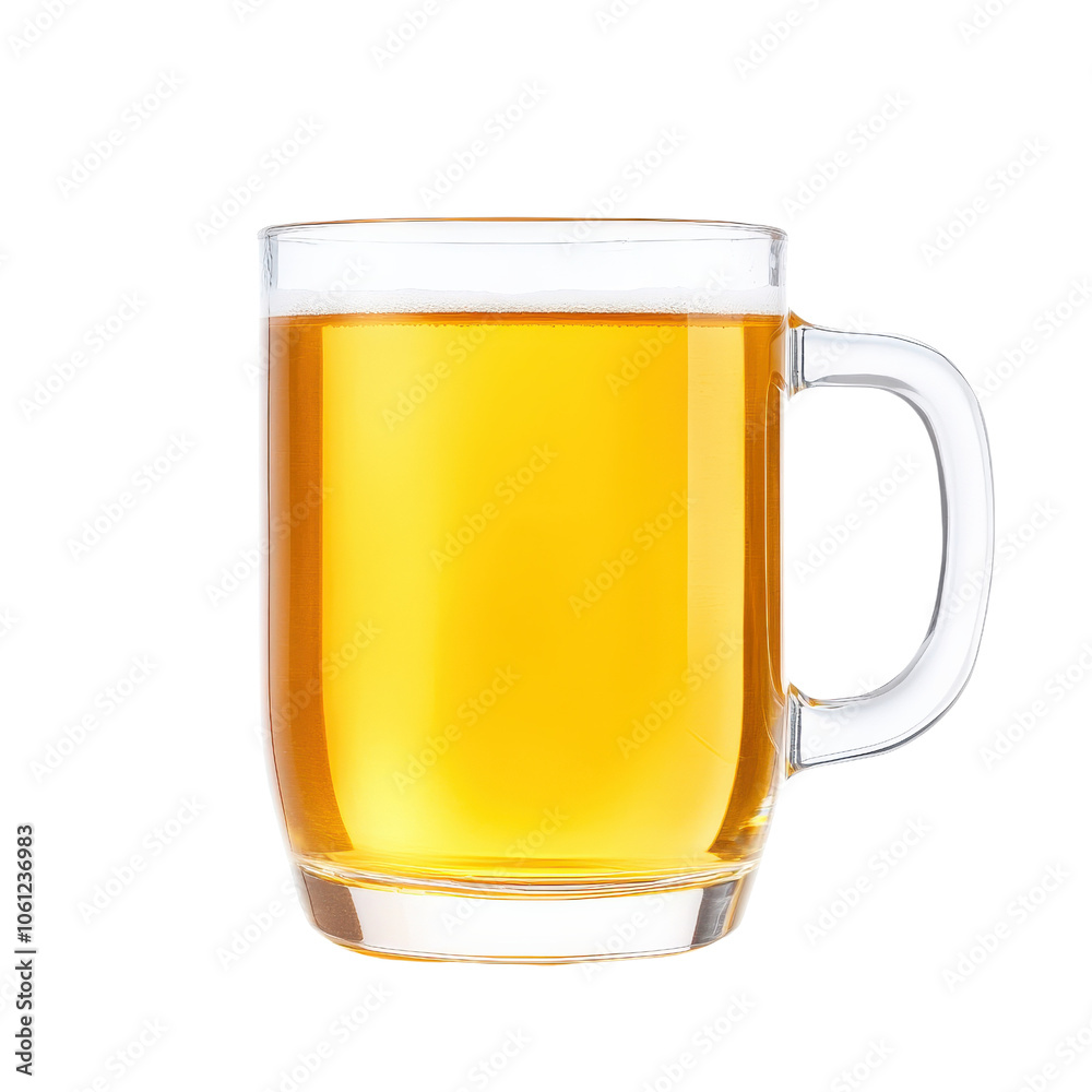 Clear glass mug filled with golden beer, white isolated background Clear glass mug filled with golden beer, white isolated background