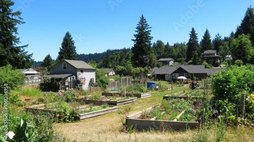 Serene Rural Landscape with Community Garden and Homes