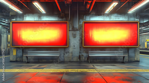 Fototapeta Naklejka Na Ścianę i Meble -  Empty Subway Station With Red Lights 3D Illustration