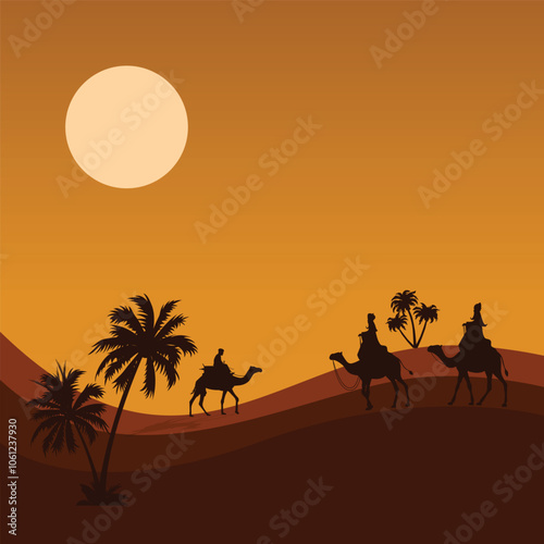 Camel caravan going through the desert vector