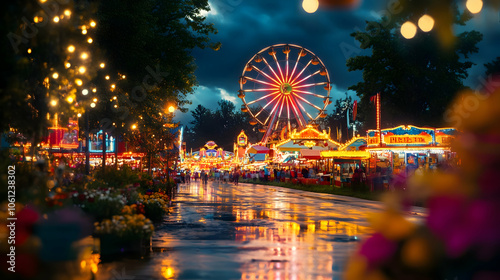 Night Carnival Ferris Wheel and Colorful Lights