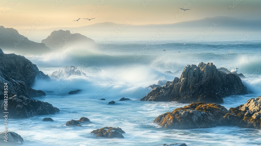 A lone bird perched on a rocky outcrop with blurred waves and a hazy sky A lone bird perched on a rocky outcrop with blurred waves and a hazy sky