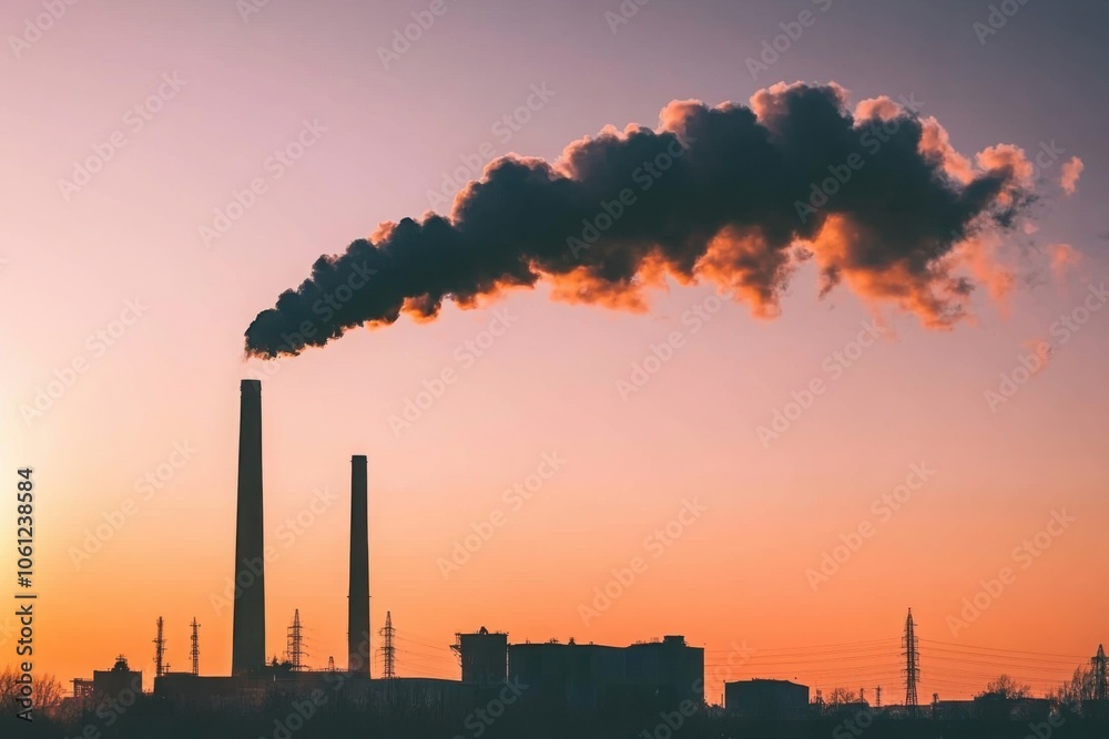 Industrial Factory with Tall Smokestacks at Sunset Industrial Factory with Tall Smokestacks at Sunset
