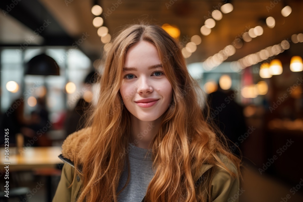 Portrait of a beautiful young woman with long red hair in a cafe Portrait of a beautiful young woman with long red hair in a cafe