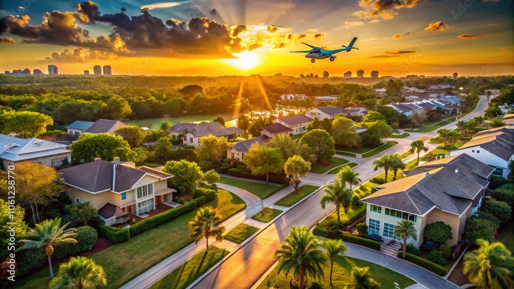 Naklejka premium Vintage Drone Shot Over a Serene Florida Neighborhood in Morning Light - Aerial View, Suburban Bliss, Tranquil Atmosphere, Sunlight, Nature, Scenic Beauty, Retro Style Photography