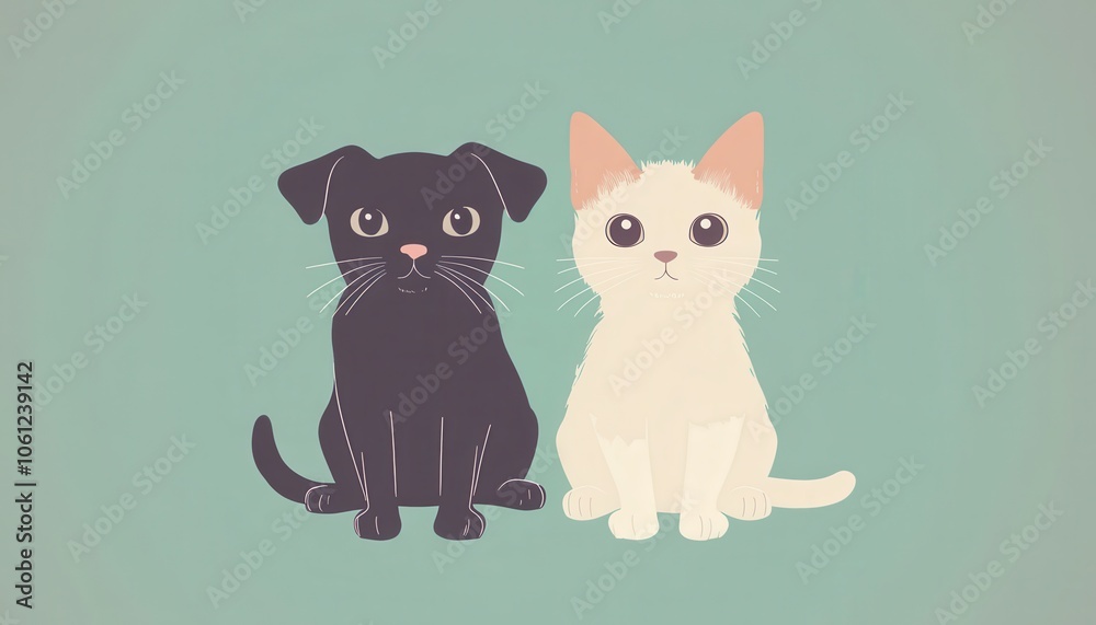 Obraz premium Cute Dog and Cat Sitting Together on Pastel Background