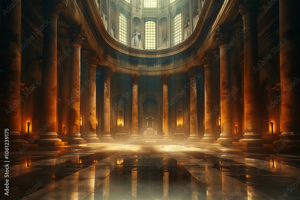 Obraz premium A Majestic and Atmospheric View Inside a Grand Historical Cathedral Illuminated by Soft Golden Light