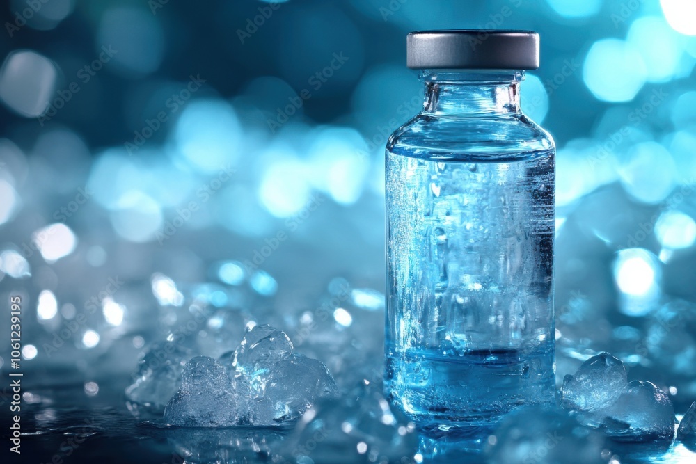 Glass Vial With Blue Liquid On Ice Surface Under Cool Lighting In Laboratory Glass Vial With Blue Liquid On Ice Surface Under Cool Lighting In Laboratory