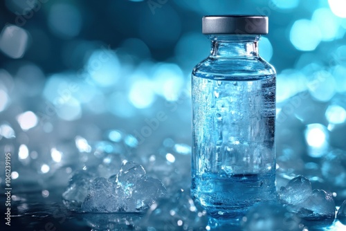Glass Vial With Blue Liquid On Ice Surface Under Cool Lighting In Laboratory