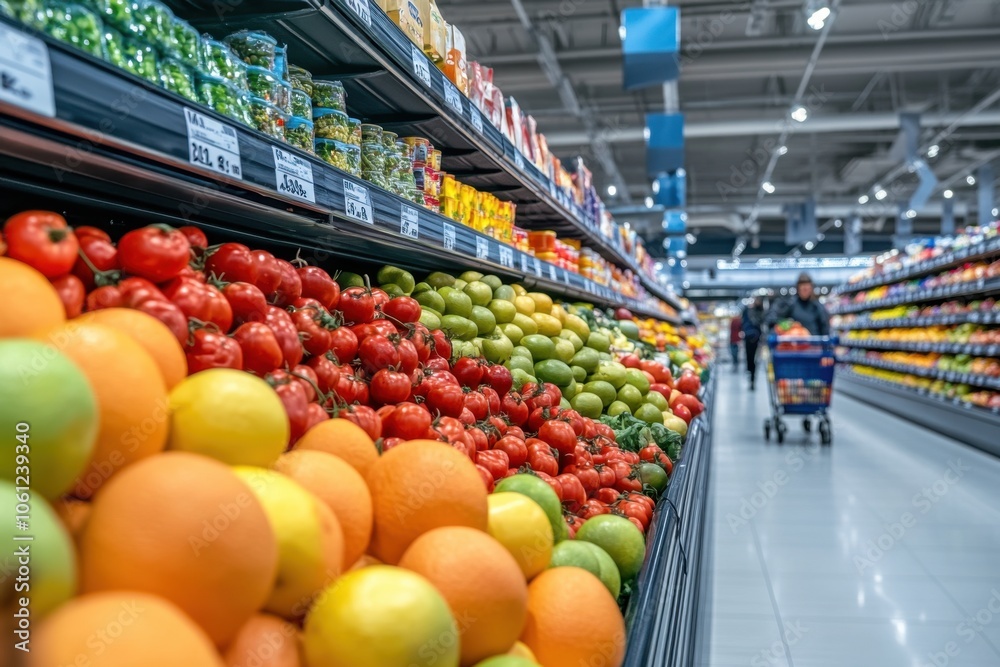 Modern Supermarket Interior with Fresh Produce Display Modern Supermarket Interior with Fresh Produce Display