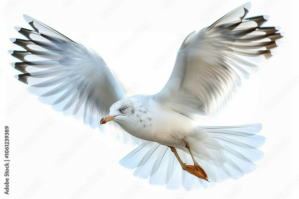 Fototapeta premium Stunning Detailed Image of a Seagull in Mid-Flight with Spread Wings Against a White Background, Emphasizing Grace and Motion