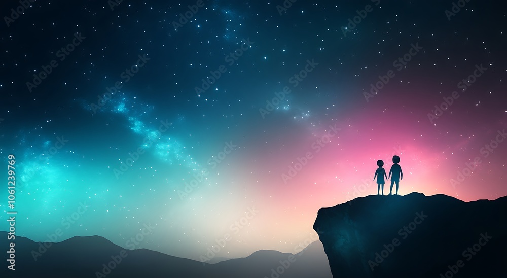 Fototapeta premium Two children are standing on a mountain top, looking up at the stars