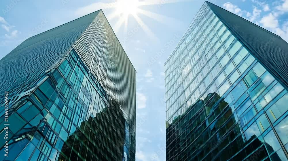 Bottom exterior shot reflection Wide angle view windows sky building office Glassed abstract skyscraper district downtown development skyline new window abstraction cloud mirror sunlight frame succes