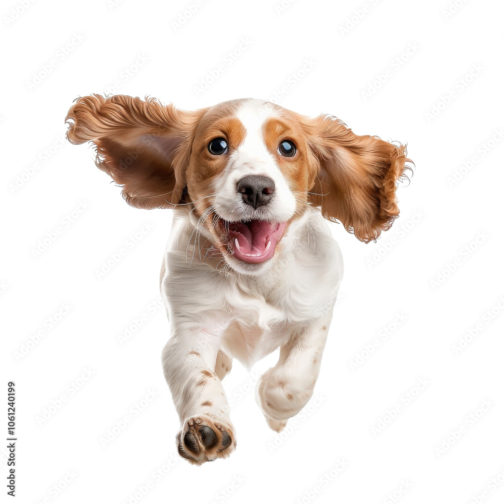 Happy dog running joyfully, white isolated background. Happy dog running joyfully, white isolated background.
