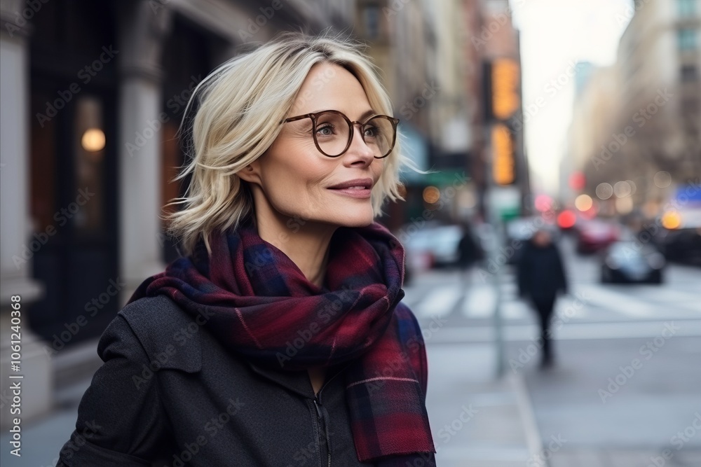 Portrait of a beautiful woman in glasses and a scarf in the city Portrait of a beautiful woman in glasses and a scarf in the city