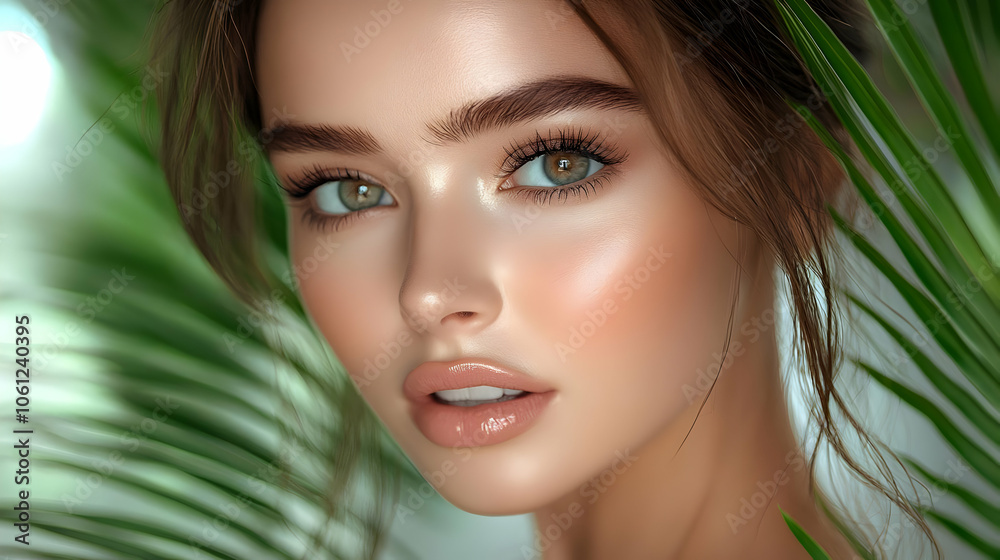 Beautiful Woman with Green Eyes and Lush Greenery Photo Beautiful Woman with Green Eyes and Lush Greenery Photo